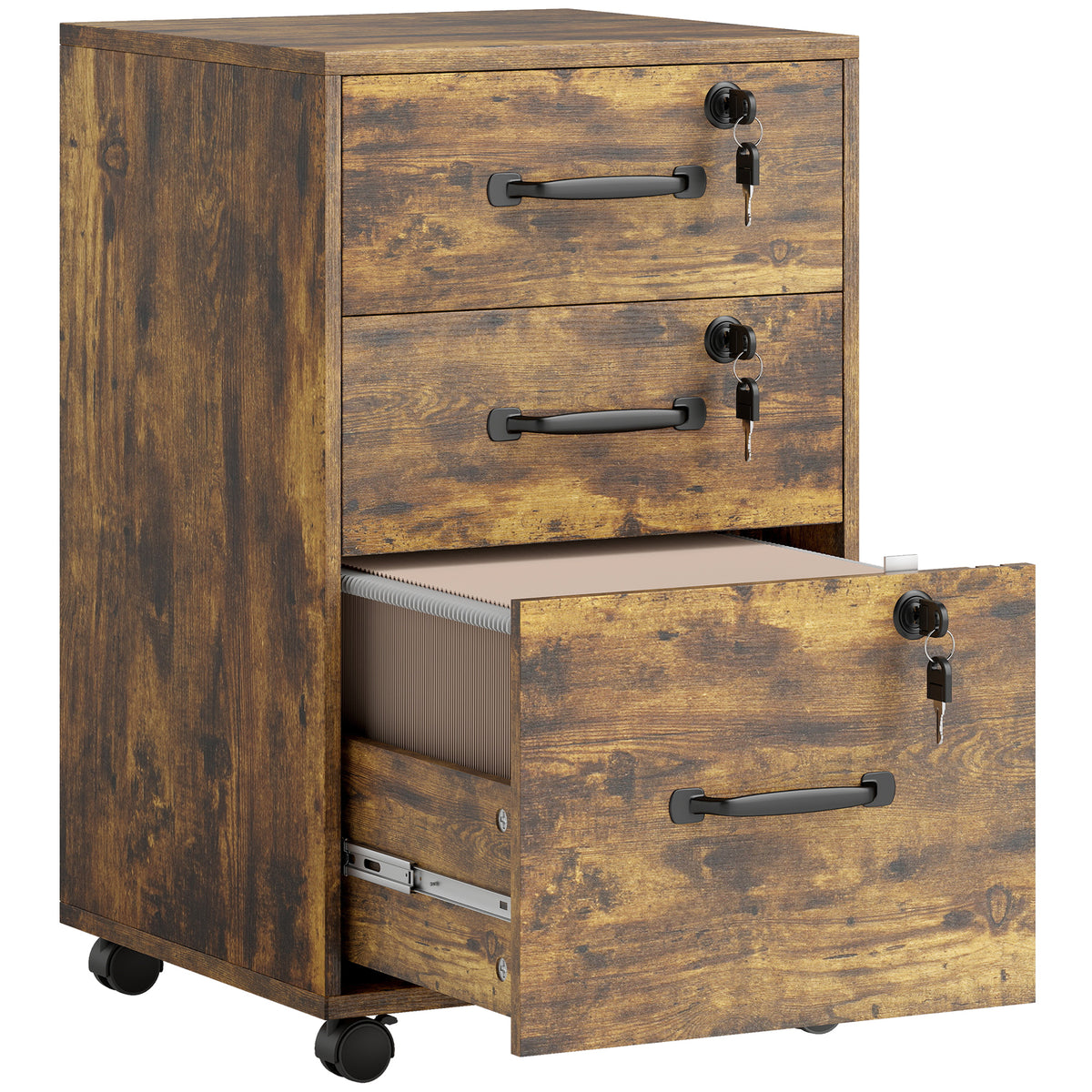 Caisson de Bureau Mobile avec 3 Tiroirs Verrouillables, Caisson de Rangement sur Roulettes, 40 x 40 x 69,5 cm, Marron