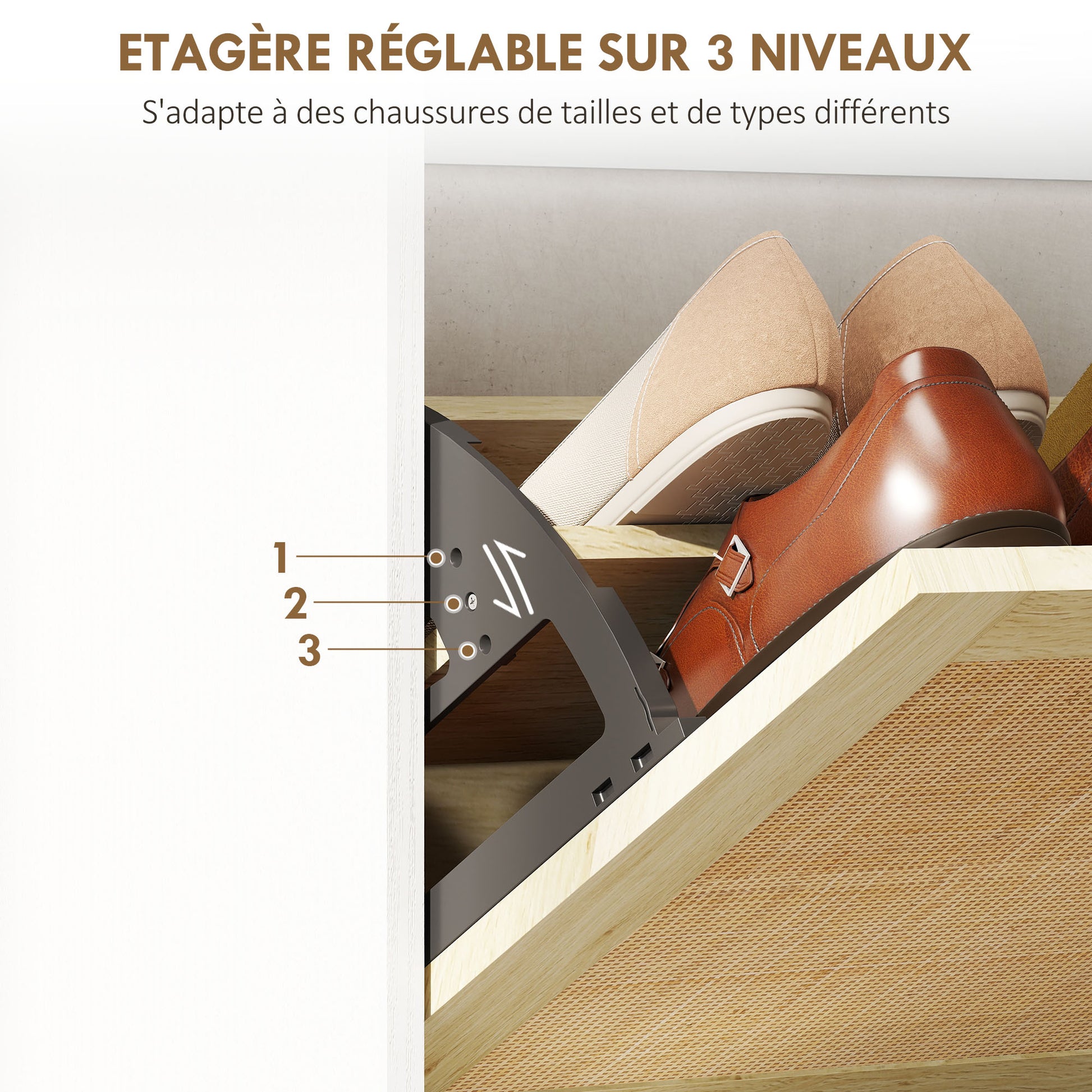 Meuble à chaussures 3 portes abattants étagère effet résine tressée design bohème 65 x 24,5 x 153 cm blanc