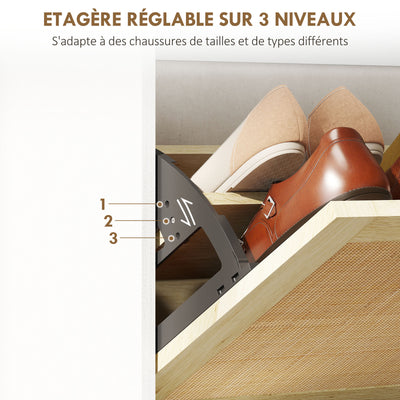 Meuble à chaussures 3 portes abattants étagère effet résine tressée design bohème 65 x 24,5 x 153 cm blanc