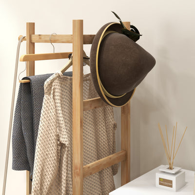 Portant pour vêtements en bambou, Porte-manteau en Bois avec tringle, étagères, patère, 4 barres latérales