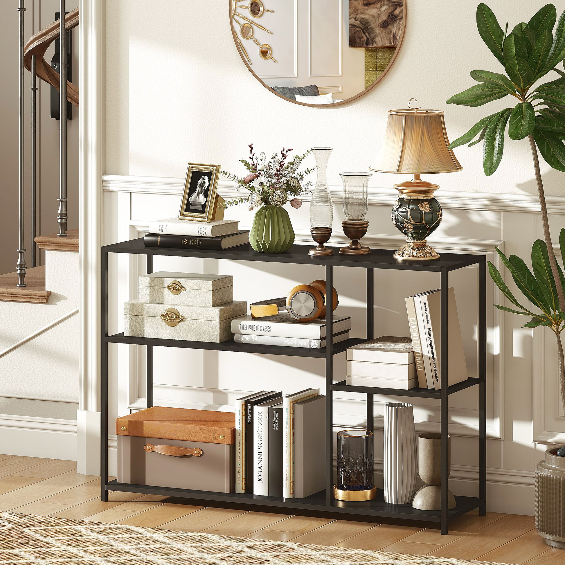 Console meuble étroite à 4 niveaux style industriel cadre en acier, 110 x 30 x 75 cm, noir