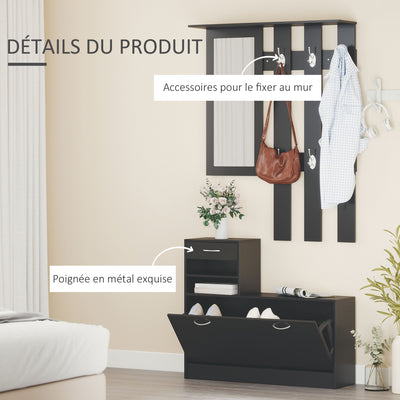 Ensembles 3 en 1 de meuble d'entrée vestiaire avec panneau porte-manteau, miroir et banc à chaussures noir