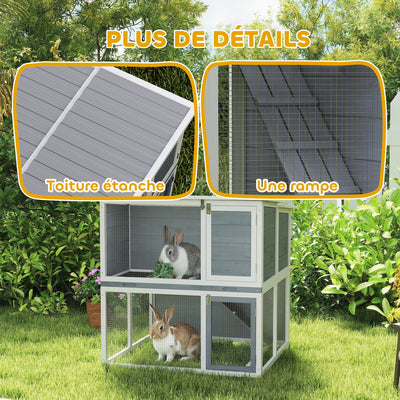 Clapier lapin extérieur cage à lapin 2 étages spacieux toit double ouverture plateau amovible 98x95x102,5cm gris