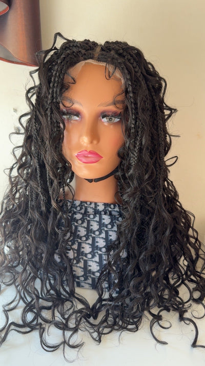 Stefy Full lace boho Perruque tressée box braid avec des boucles en cheveux naturels