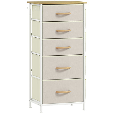 Commode 5 tiroirs en tissu, meuble de rangement avec 4 poches, 2 crochets, structure en acier, 45 x 30 x 94,5 cm, beige