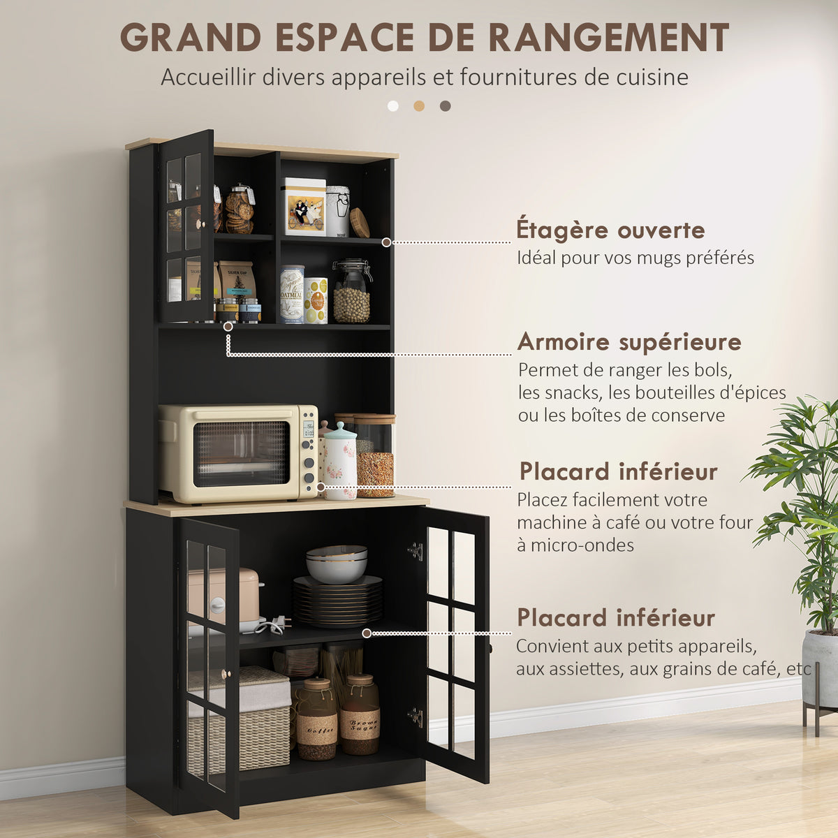 Buffet cuisine, meuble cuisine rangement haut, meuble de rangement avec plan de travail, 3 portes vitrées, 2