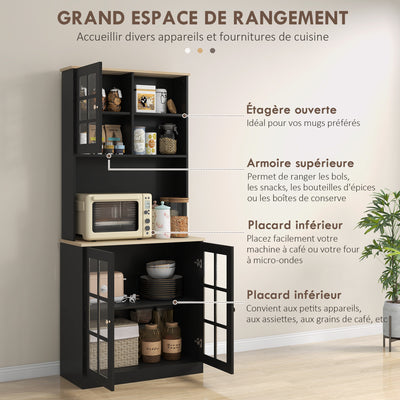 Buffet cuisine, meuble cuisine rangement haut, meuble de rangement avec plan de travail, 3 portes vitrées, 2