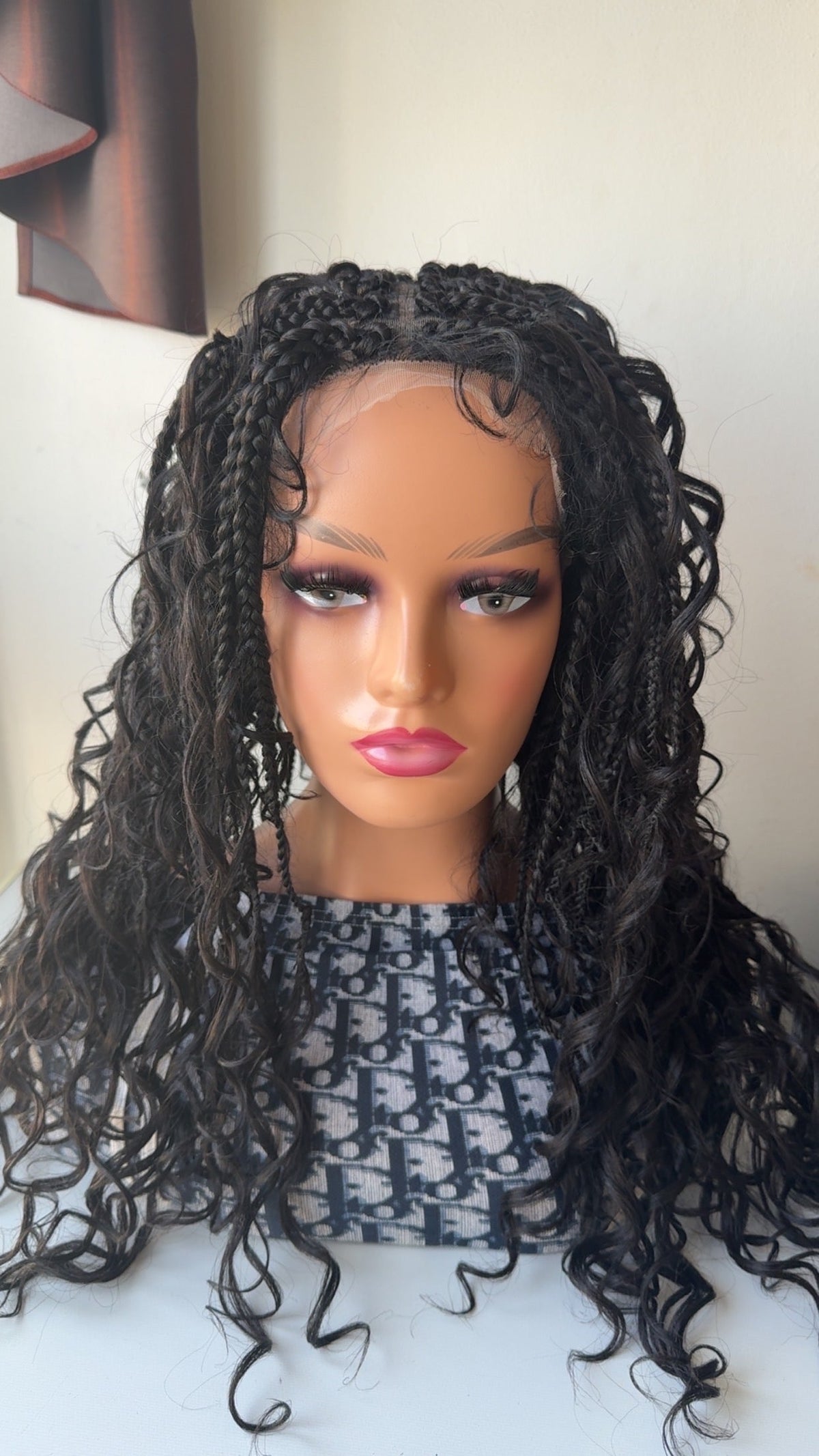 Stefy Full lace boho Perruque tressée box braid avec des boucles en cheveux naturels