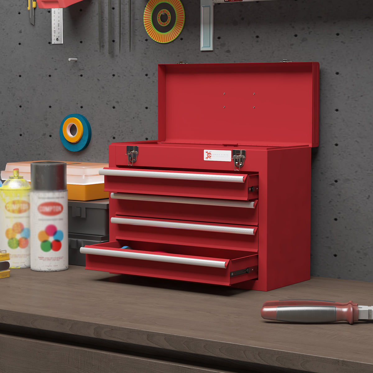 Boite à outils métallique coffret à outils caisse à outils 4 tiroirs + plateau tôle acier 51 x 22 x 39,5 cm rouge