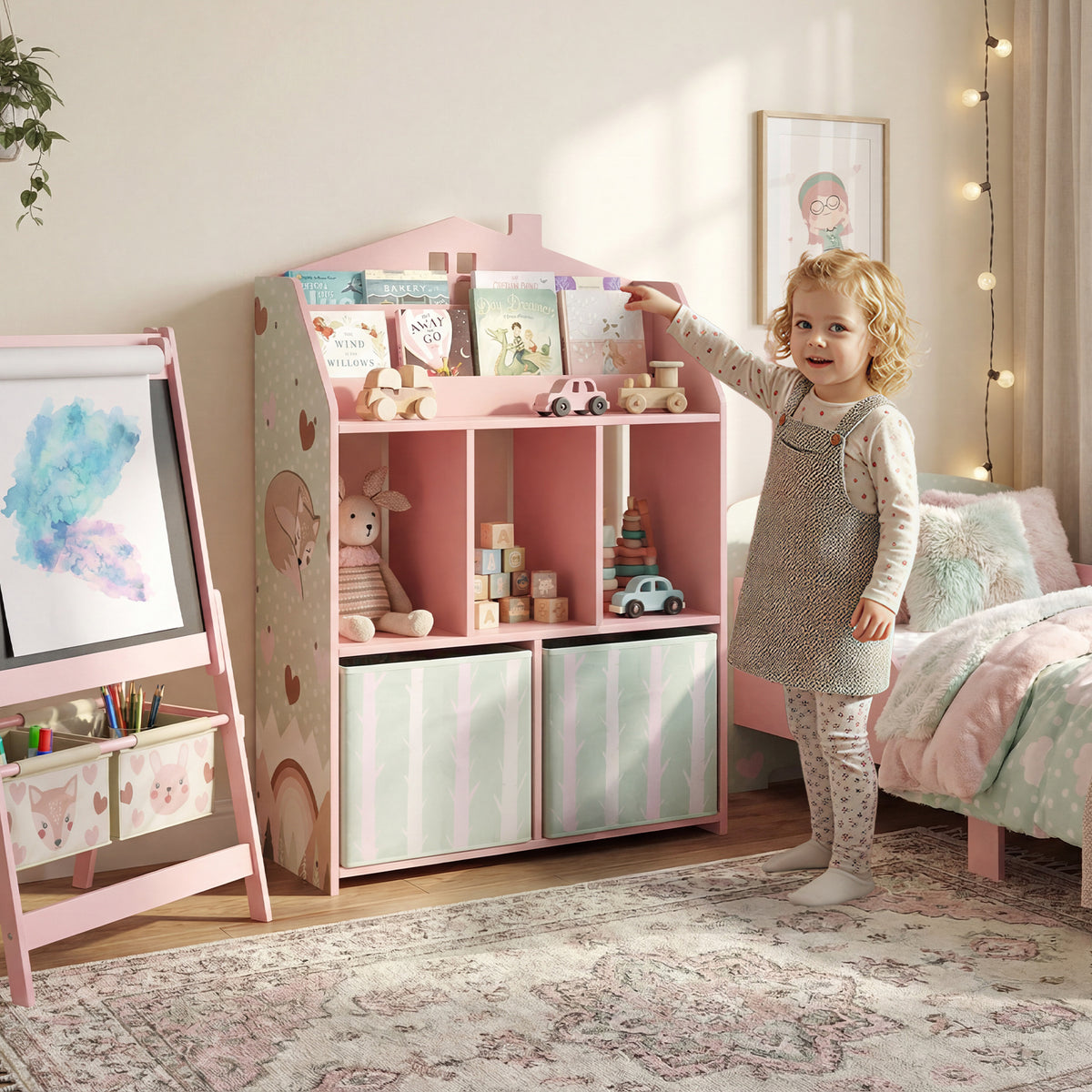 Meuble rangement enfant, bibliothèque enfants avec étagères ouvertes et 2 tiroirs en tissu, MDF, rose