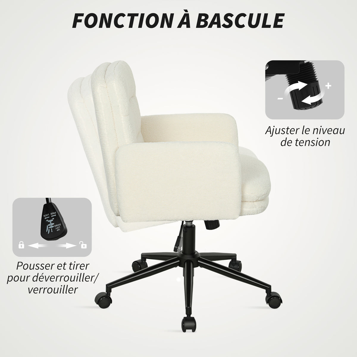 Chaise de bureau, fauteuil de bureau pivotante avec hauteur réglable, fonction de bascule, 61,5 x 65 x 91-101 cm, crème