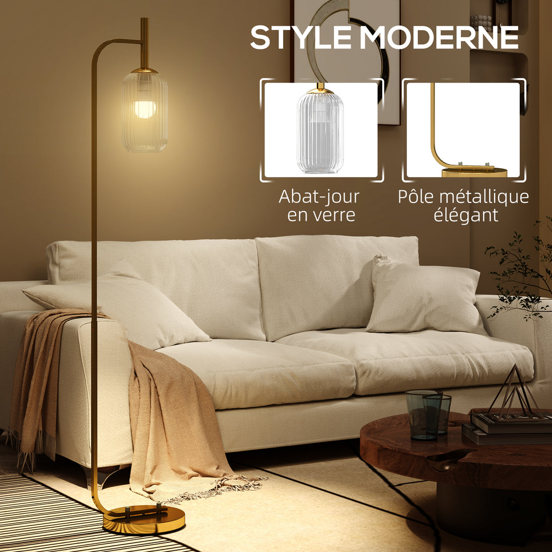Lampadaire sur pied salon lampe sur pied avec abat-jour en verre texturé interrupteur à pied 29 x 25 x 152 cm métal or Aosom