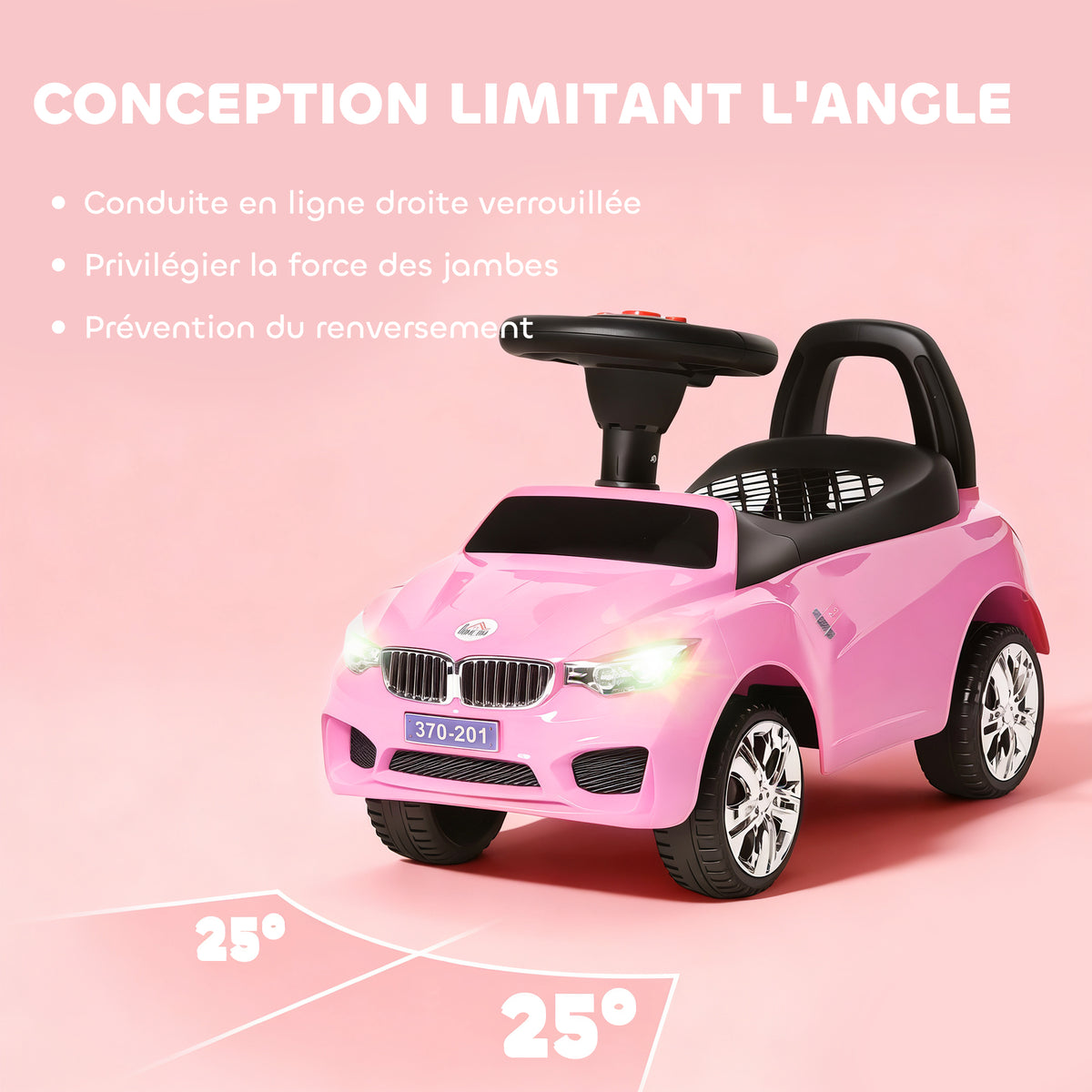 Porteur enfants voiture, véhicule à pousser avec coffre à jouets, klaxon, phares et musique, 63,5 x 28 x 36 cm, rose