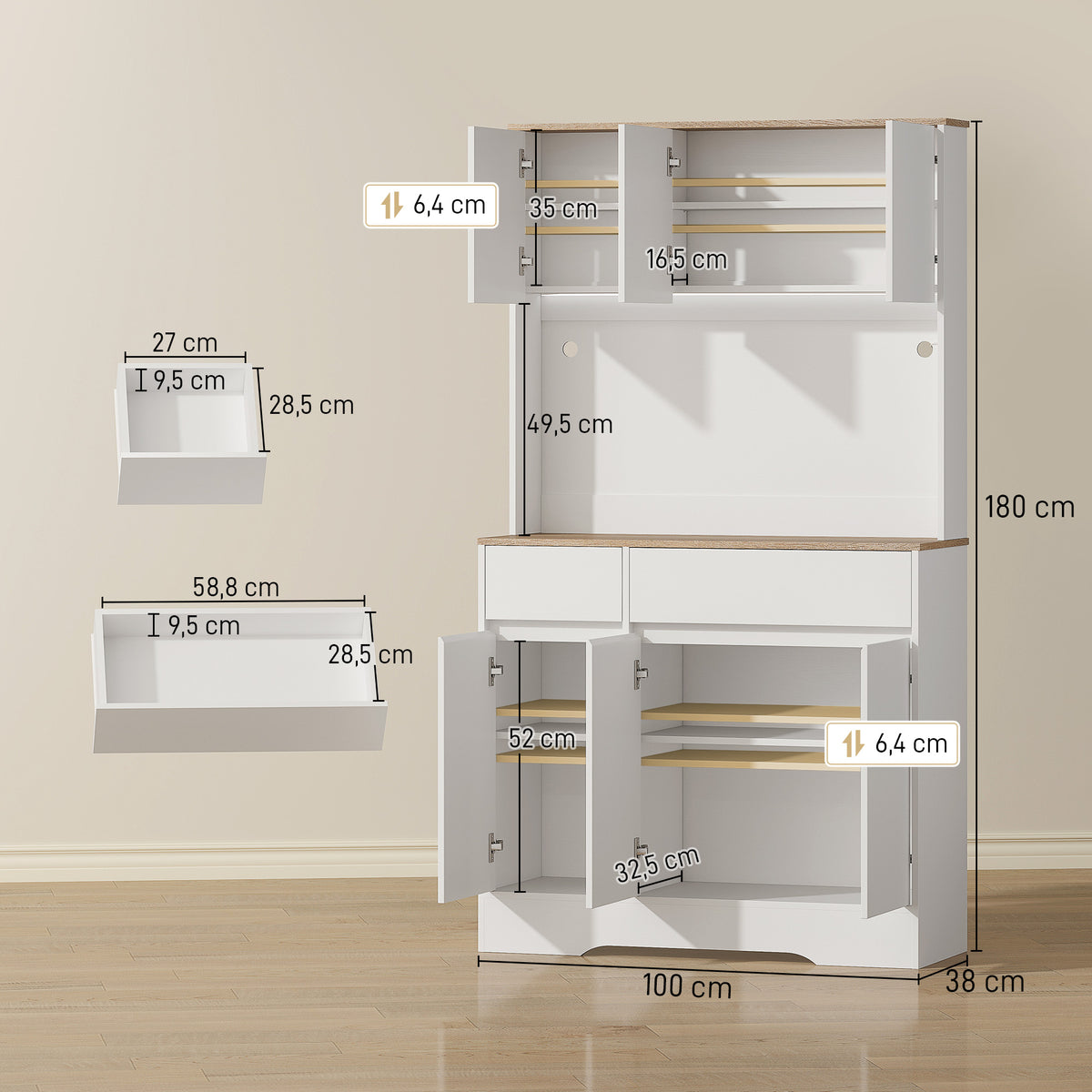 Buffet cuisine meuble cuisine rangement haut avec lumière LED RGB, plan de travail, 6 portes, 2 tiroirs, blanc