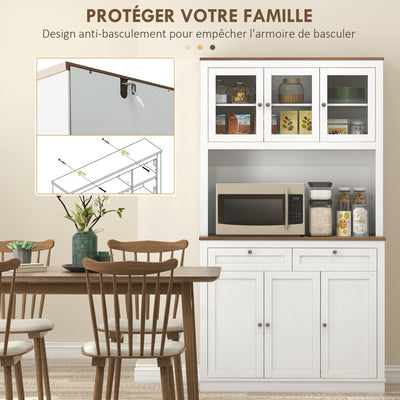 Buffet haut cuisine, armoire de cuisine, 6 portes, 2 tiroirs, plan de travail, étagères réglables, 100x40x180cm, blanc