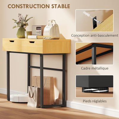 Console meuble 110 cm, table console étroite avec 2 tiroirs, cadre en métal et design sans poignées, bois naturel
