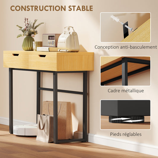 Console meuble 110 cm, table console étroite avec 2 tiroirs, cadre en métal et design sans poignées, bois naturel