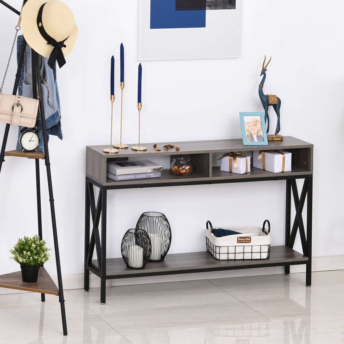 Table Console Table d'Entrée Industriel Multi-rangements 120 x 23,5 x 75 cm Bois Gris