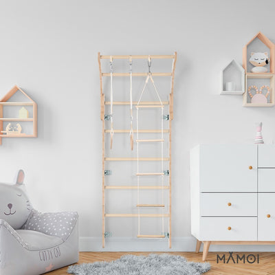 MAMOI® Spalliera da parete per la cameretta dei bambini con scala di corda e anelli ginnici