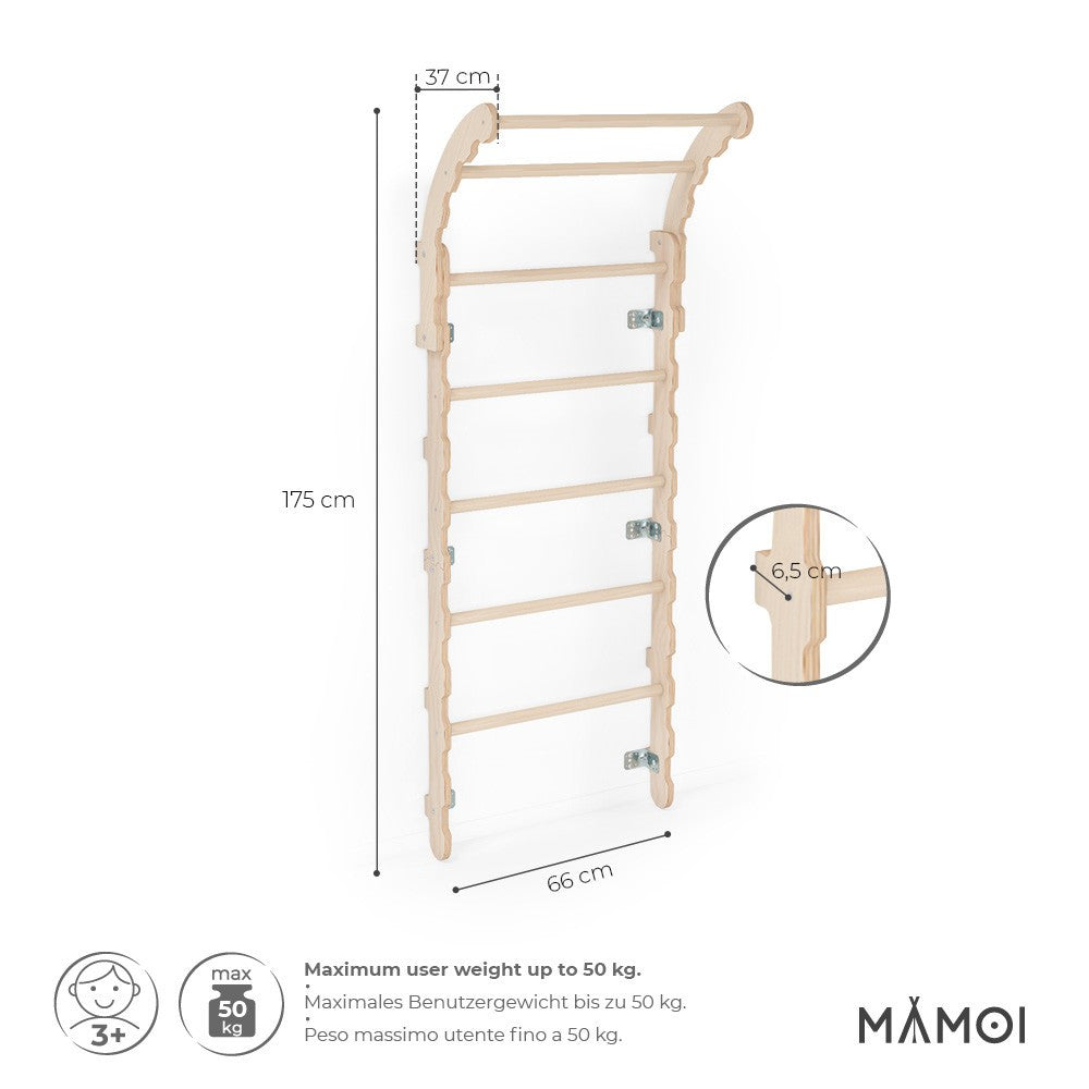 MAMOI® Swedish ladder, Wooden gorilla gym for kids, Indoor baby climbing frame for toddlers, Monkey bars and play gym, Childrens climbing wall, Gymnastics bar and equipment for home