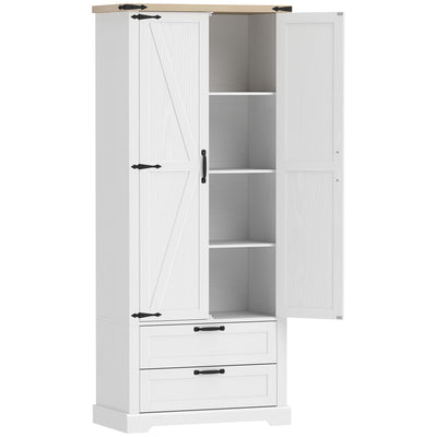 Buffet haut cuisine, armoire de cuisine avec 2 portes, 2 tiroirs, étagères réglables, style rustique, 76x40x180cm, blanc