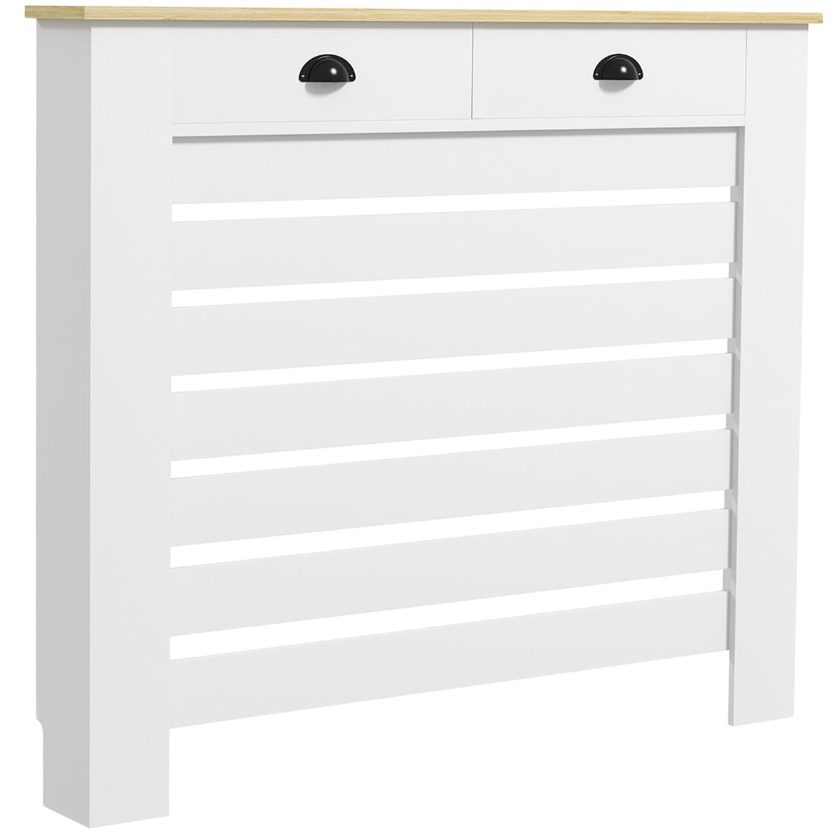 Couvercle de radiateur cache radiateur grille à lattes horizontales avec 2 tiroirs en bois 111l x 19P x 95,5H cm blanc