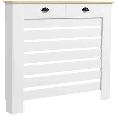 Couvercle de radiateur cache radiateur grille à lattes horizontales avec 2 tiroirs en bois 111l x 19P x 95,5H cm blanc