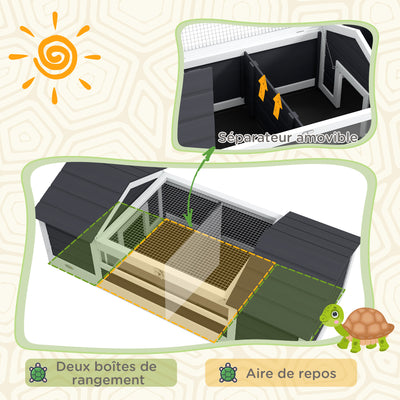 Maison tortue terrestre extérieure enclos tortue 2 niches support de lampe réglable bois massif 120 x 56,5 x 43 cm gris