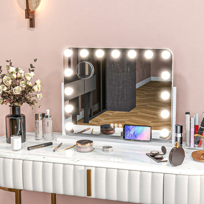 Miroir maquillage lumineux LED intensité réglable miroir grossissant port de charge USB, rotation à 360° 63 x 50 cm