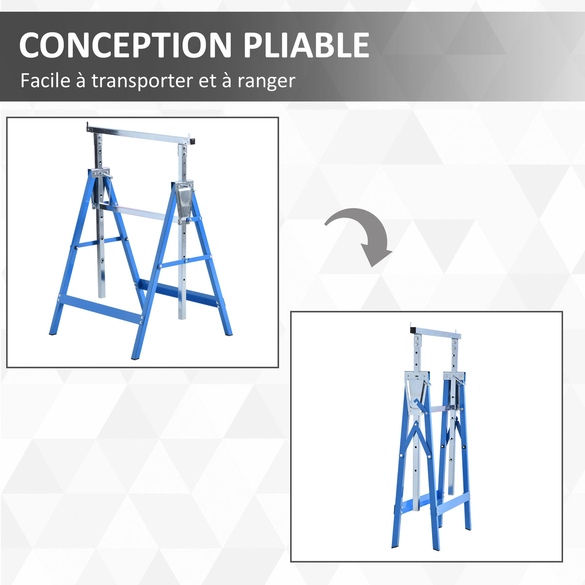 Lot de 2 Tréteaux Pliables Télescopiques Hauteur Réglable 80-130 cm Acier Bleu