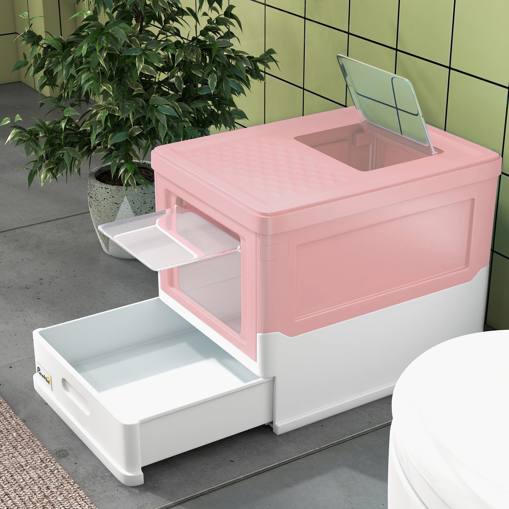Maison de toilette pour chat pliable double porte battante et supérieure pelle fourni 47,5 x 35,5 x 36,7 cm rose