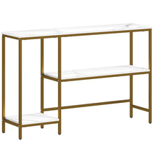 Console meuble 120 cm, table console 3 niveaux avec étagères de rangement, plateaux imitation marbre, blanc et doré