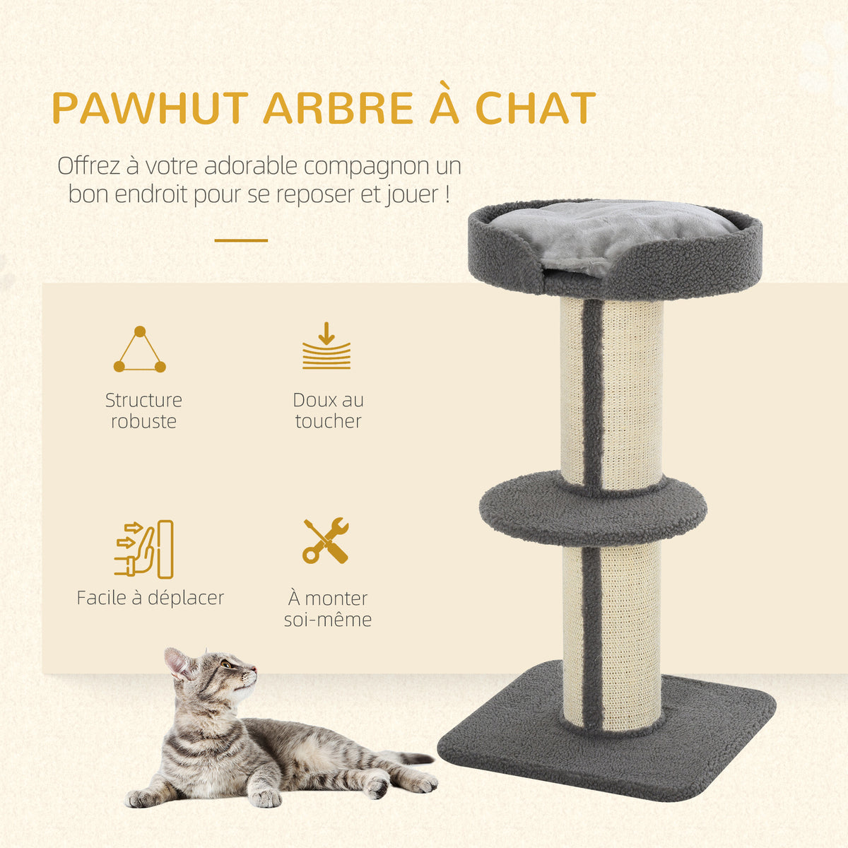 Arbre à chat, arbre à grimper griffoir pour chat, tissu bouclette, centre d'activités 2 plate-formes gris