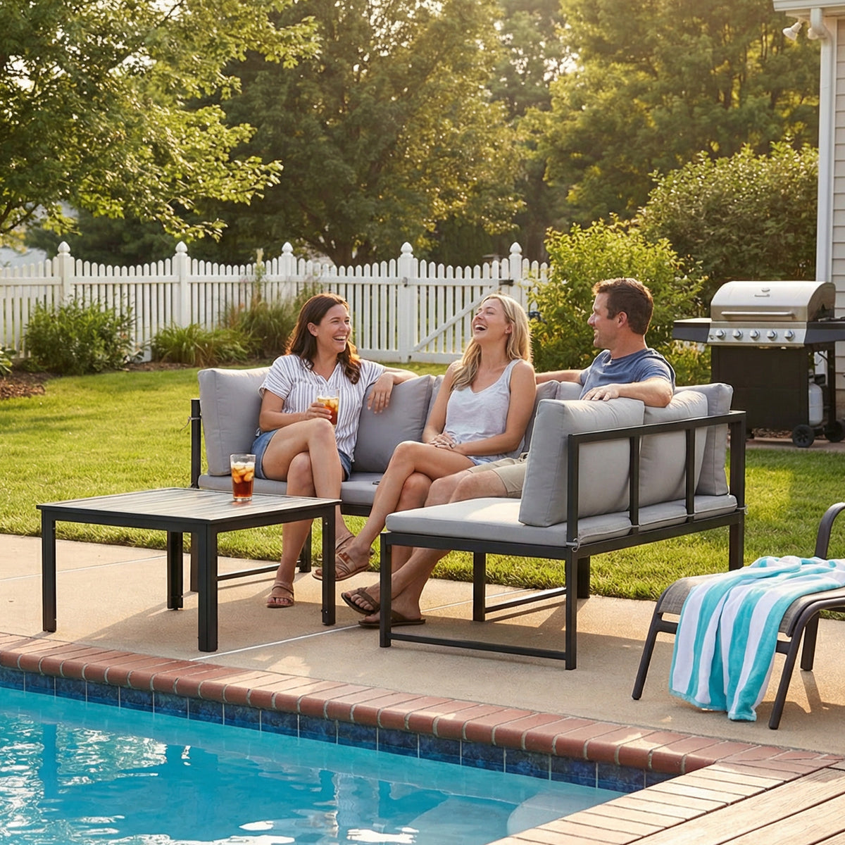 Salon de Jardin Mobilier de Terrasse 3 Pièces 4 Places Modulable avec Accoudoir Réglable Coussins Épais 16cm Gris