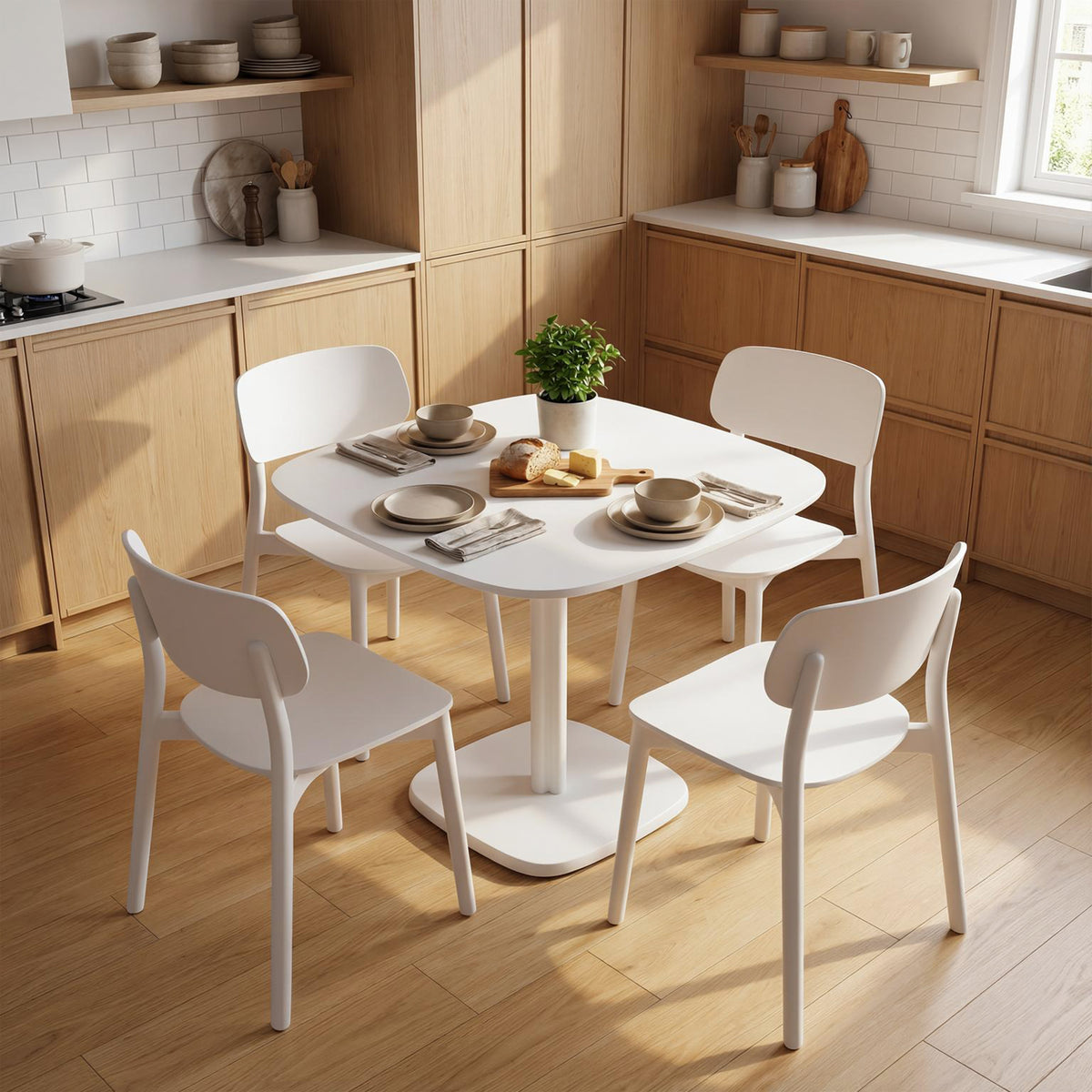 Table à manger pour 4 personne table de cuisine carrée style moderne avec plateau aspect bois, 70 x 70 cm, blanc