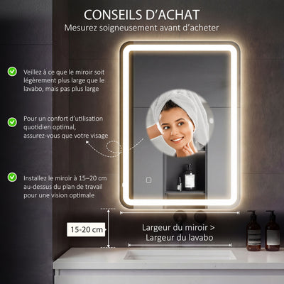 Miroir de salle de bain 60 x 80 cm, miroir LED mural avec 3 couleurs lumière, dimmable, mémoire, anti-buée, argent
