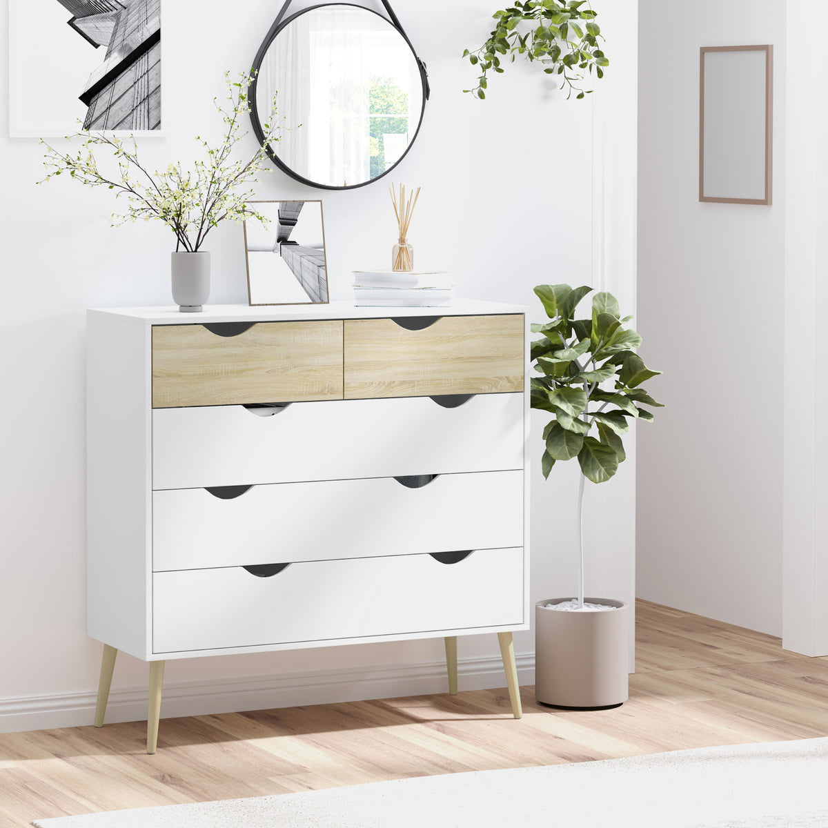 Commode 5 tiroirs Design scandinave Meuble de Rangement Chambre Panneau de Particules 99 x 39 x 101 cm Blanc Aspect chêne Clair