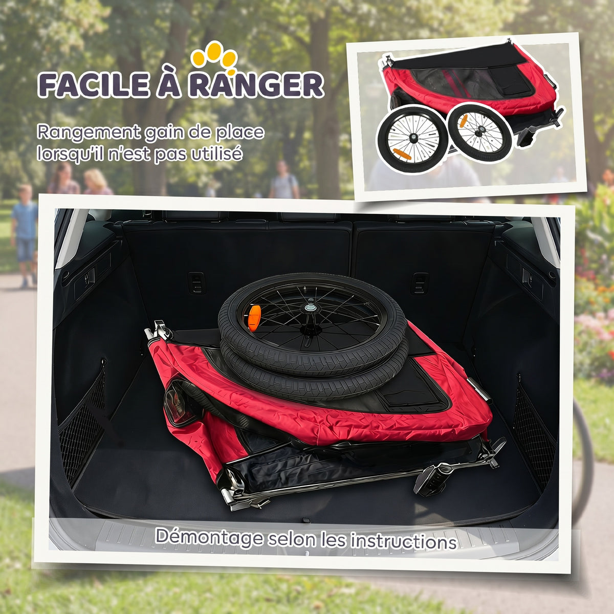 Remorque Vélo Chien 2-en-1 pour Chien Moyen avec Suspension, Pneus à Dégagement Rapide, Réflecteurs, 160x71x101cm, Rouge