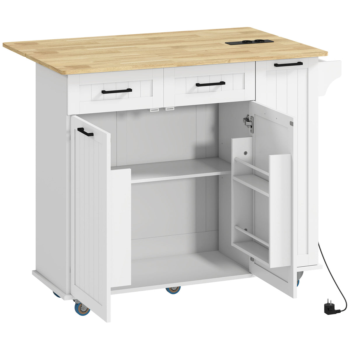 Îlot central cuisine mobile avec prise de courant et port USB, tablette à abattant, étagère réglable blanc