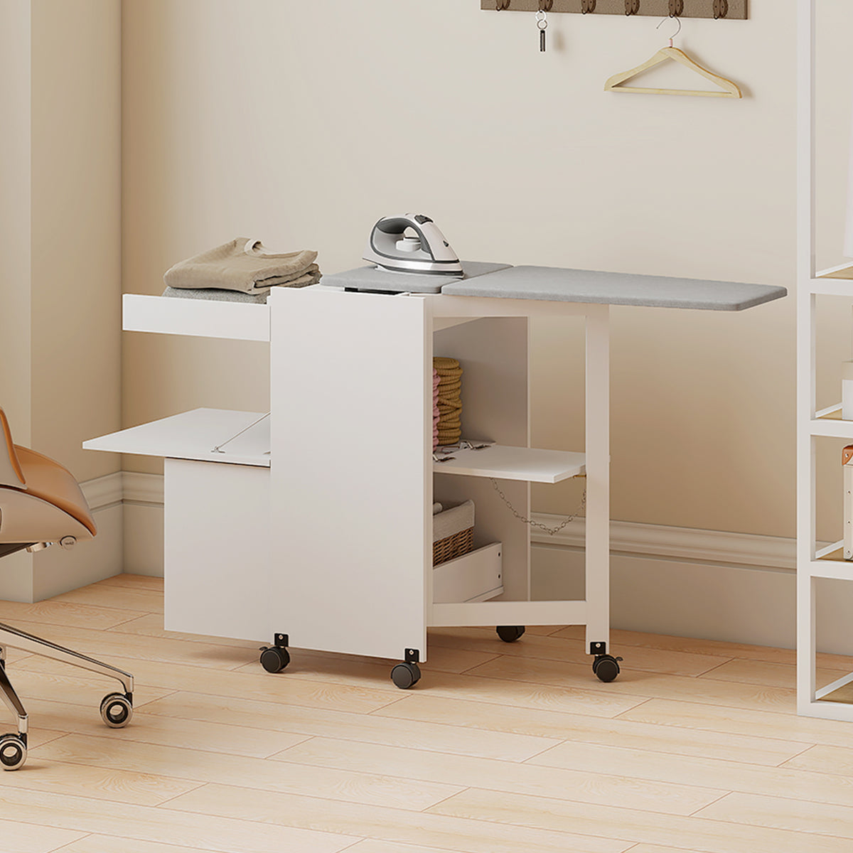 Meuble à repasser, table à repasser pliante sur roulettes avec portes par pression, charnières à fermeture douce, blanc