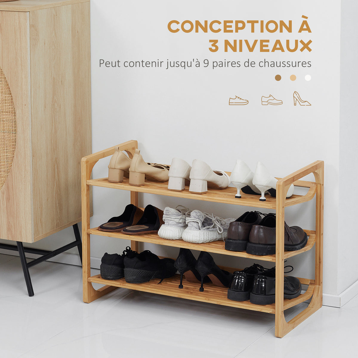Étagère à chaussures à 3 niveaux porte-chaussures en bambou 9 paires de chaussures 76 x 33 x 51 cm naturel