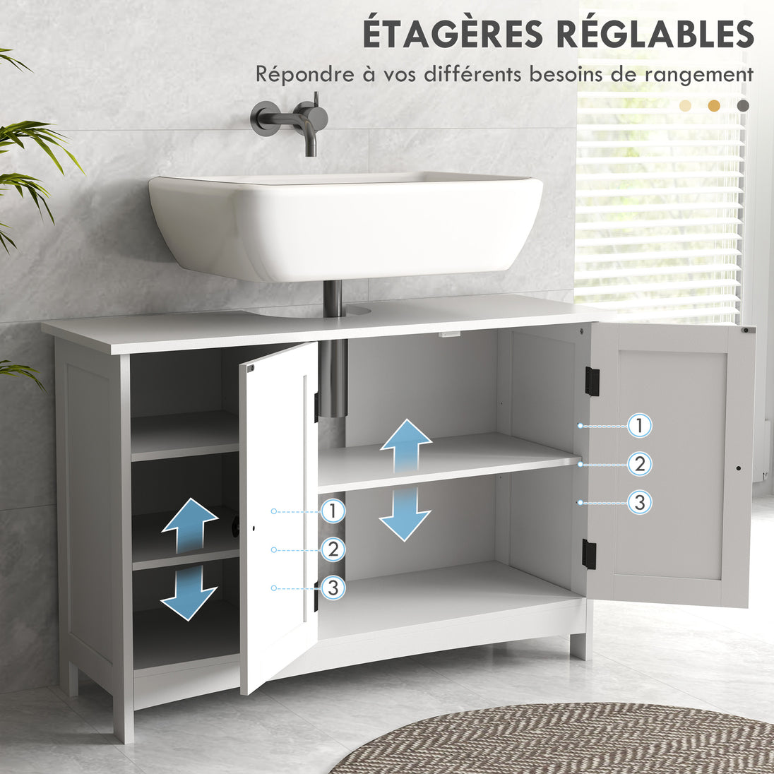 Meuble sous vasque lavabo salle de bain style classique placard 2 portes étagères réglables 90 x 30 x 60 cm blanc Aosom