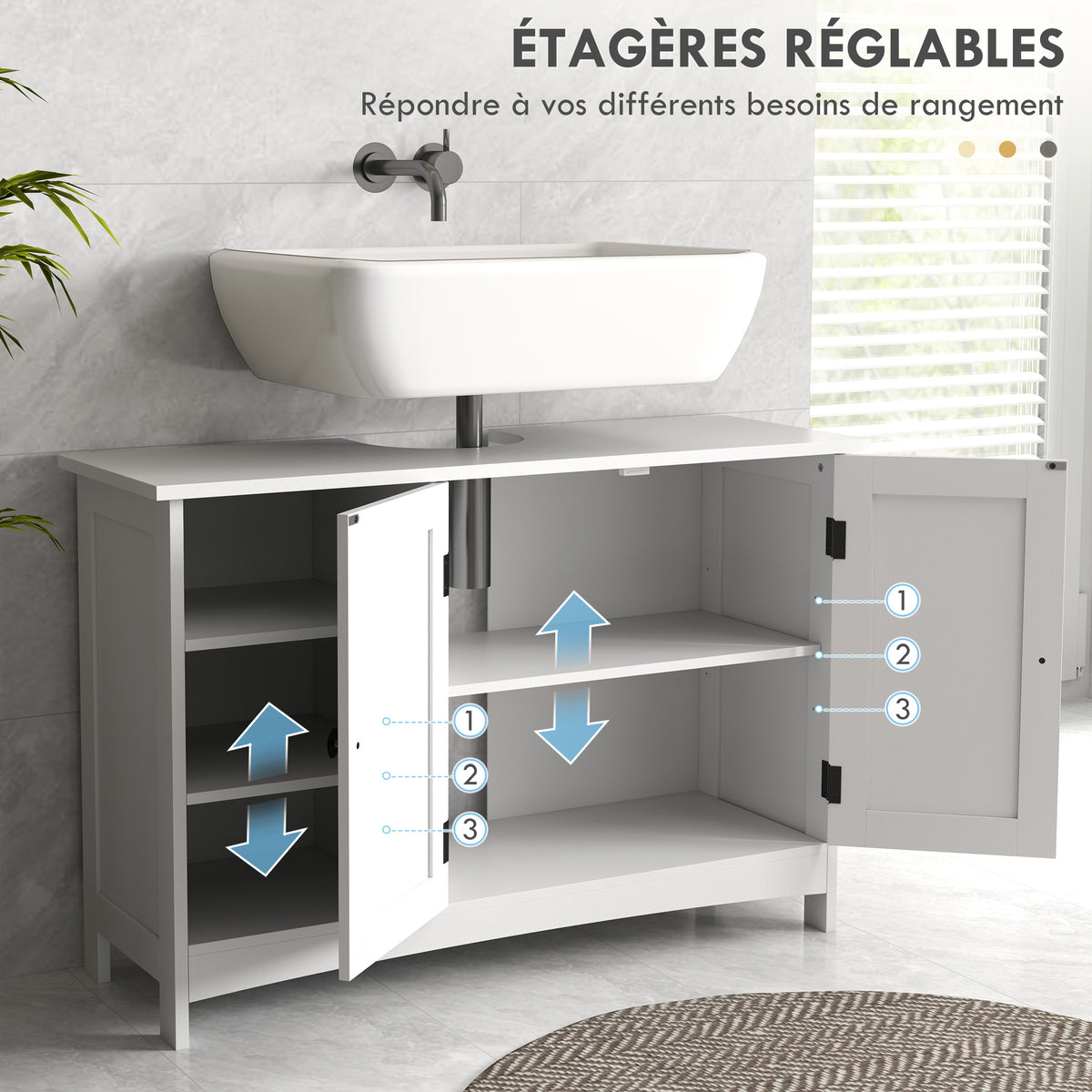 Meuble sous vasque lavabo salle de bain style classique placard 2 portes étagères réglables 90 x 30 x 60 cm blanc Aosom
