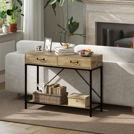 Table Console Table d'appoint d'entrée Industriel dim. 100L x 35l x 76H cm avec 2 tiroirs et 1 plateau Aspect Bois