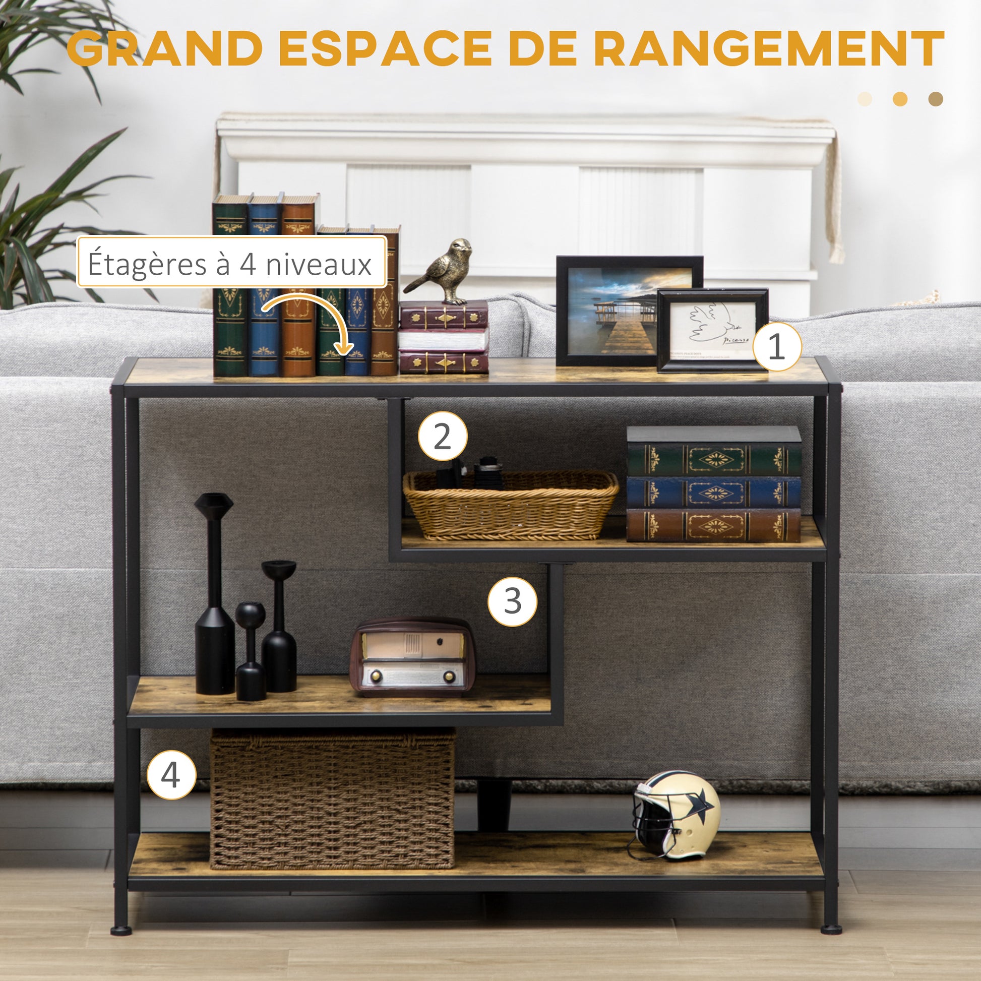 Table console style industriel avec 4 niveaux de rangement 3 étagères inférieures 99,6 x 33,6 x 74 cm