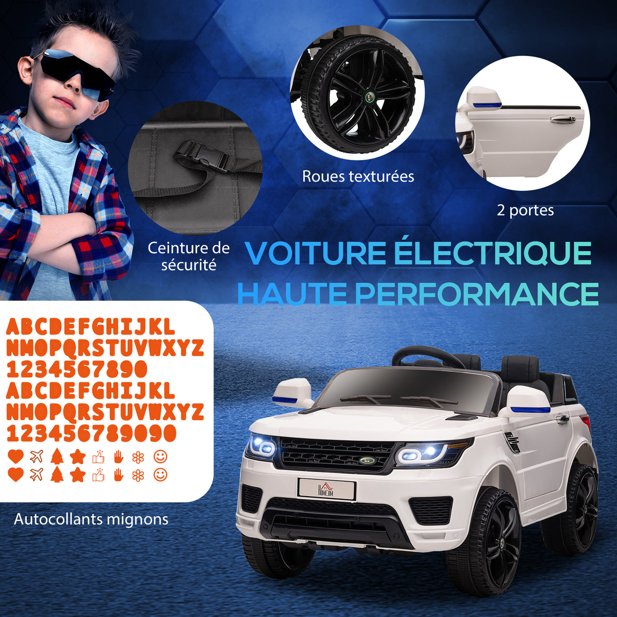 Voiture électrique enfants véhicule électrique 12 V, double moteurs, 3 à 5 km/h, blanc