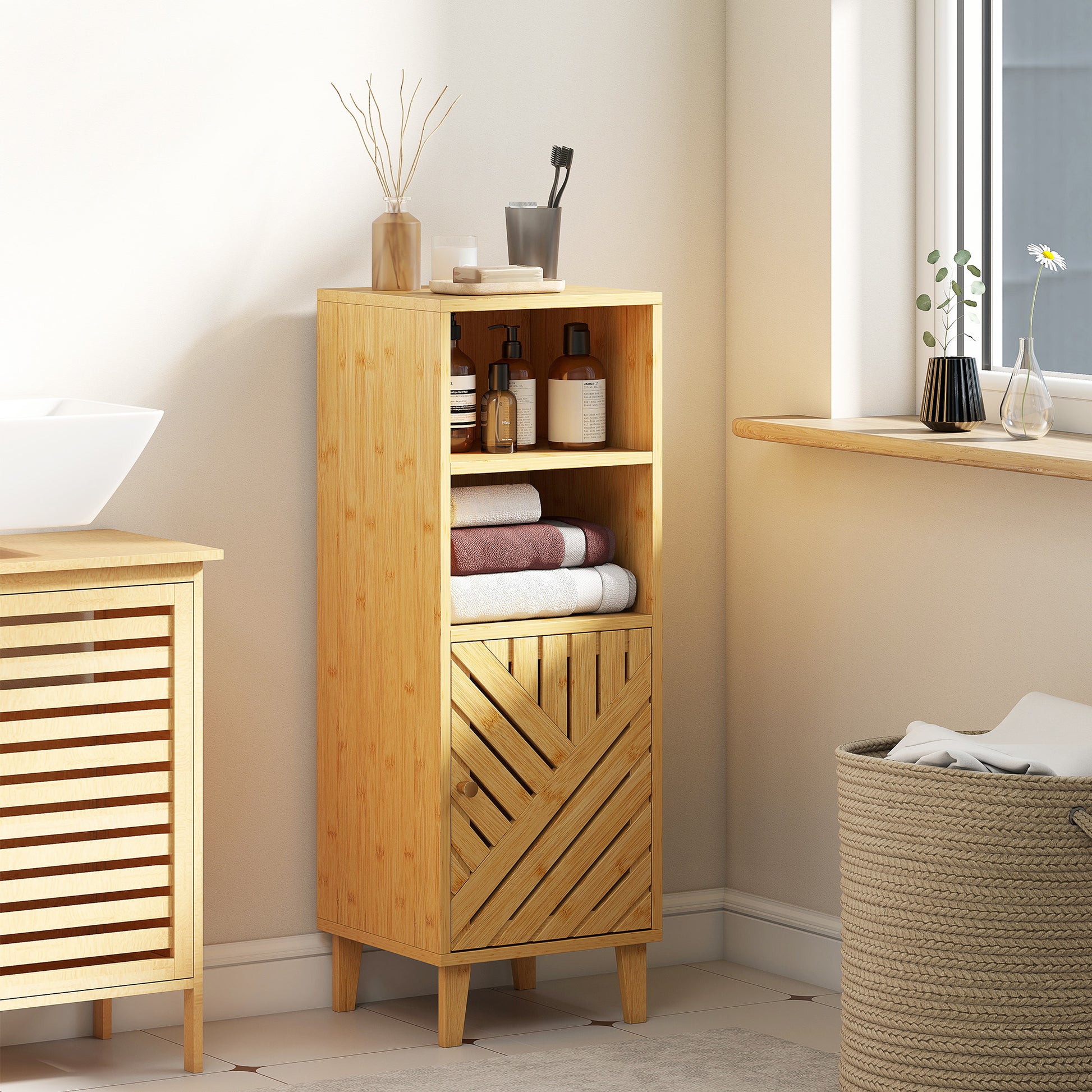 Meuble de salle de bain, meuble de rangement avec 1 placard, 2 compartiment ouvert, 32 x 30 x 90 cm, effet bois naturel