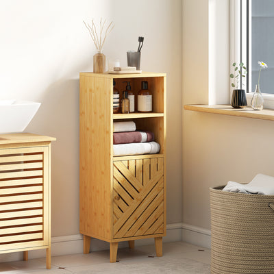 Meuble de salle de bain, meuble de rangement avec 1 placard, 2 compartiment ouvert, 32 x 30 x 90 cm, effet bois naturel
