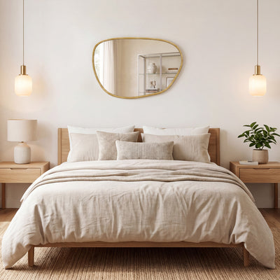 Miroir mural, miroir décoratif asymétrique 90x60cm en verre trempé pour salle de bain, chambre, salon, couloir, naturel