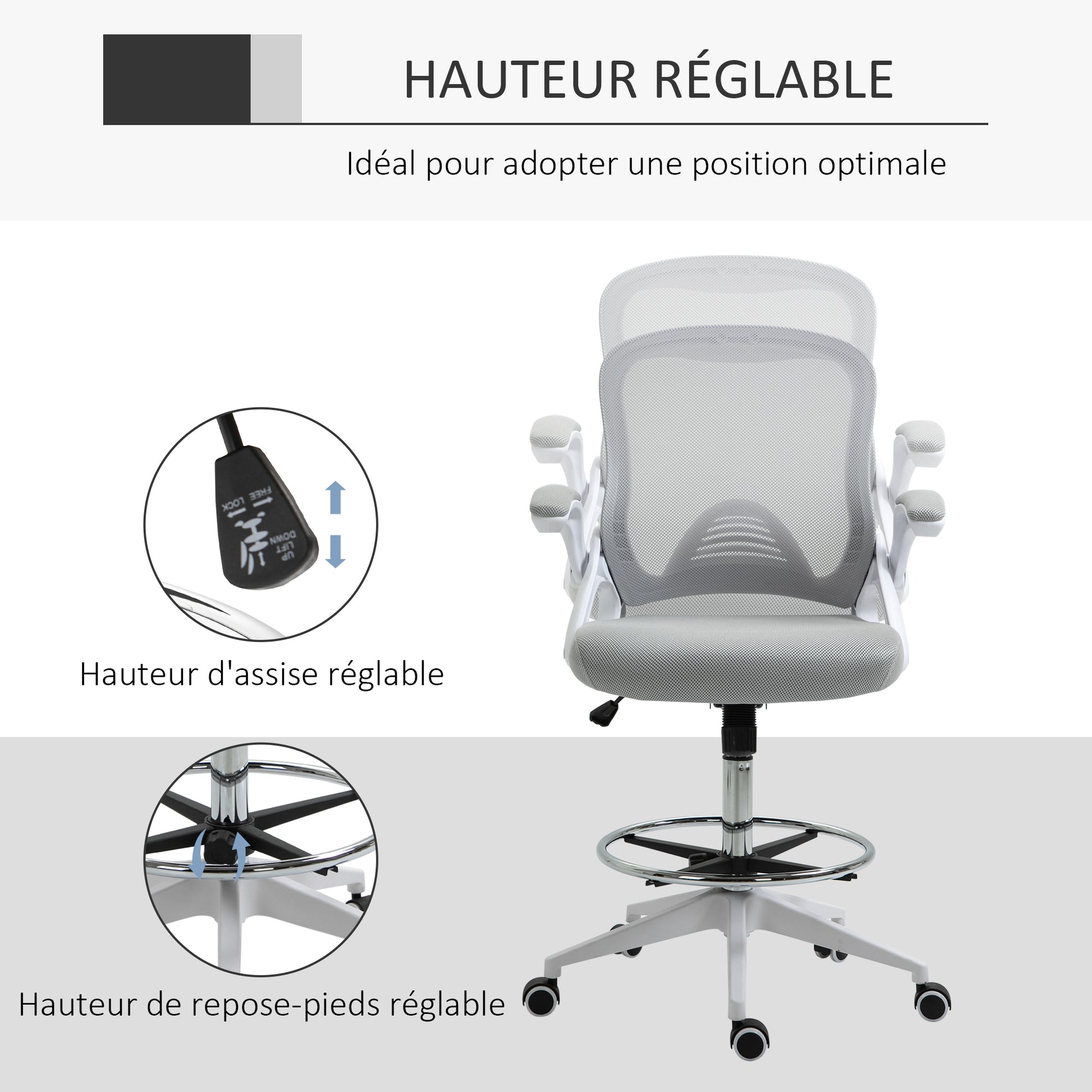 Fauteuil de bureau chaise de bureau assise debout hauteur réglable repose-pieds gris et blanc